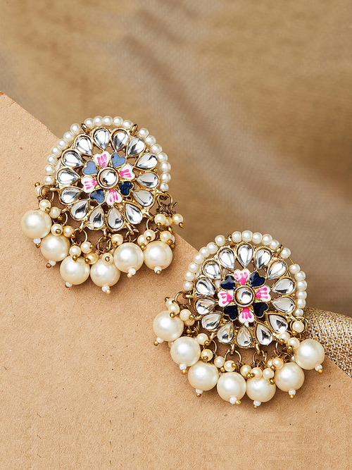 Beads Kundan Pearl Gold Plated Floral Stud Earring