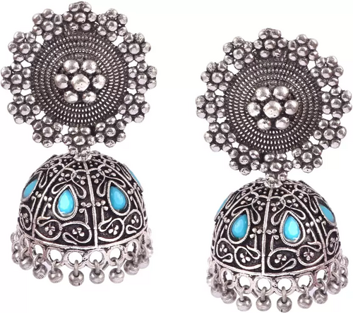 Oxidised Silver Plated Stone Jhumki earrings jewelry for women & Girls