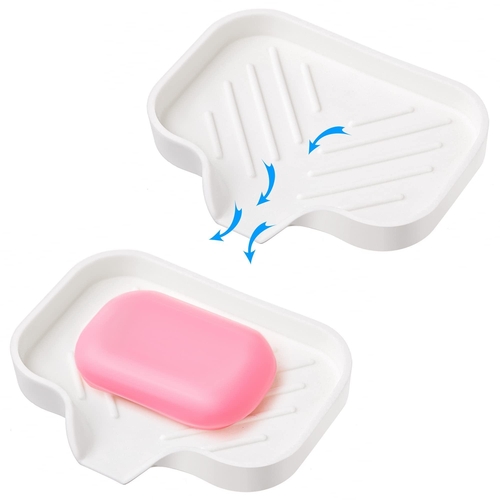 2 Pcs White Silicone Self Draining Rectangular Soap Dishes   Waterfall
