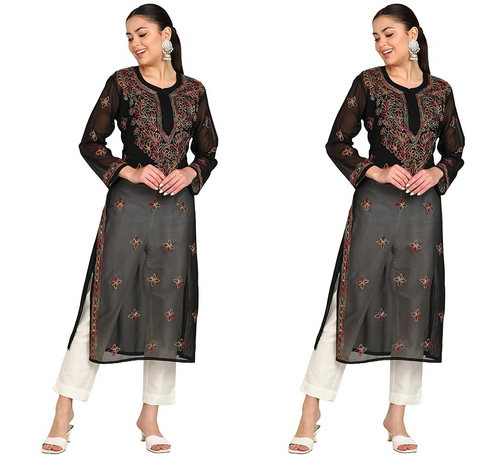 Women Hand Embroidered Lucknow Chikankari Georgette Black Kurta for