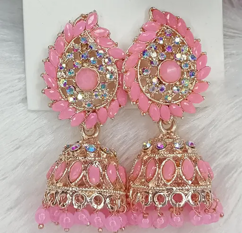 Women's TRADITIONAL WEDDING DESIGN KUNDAN STONE WORK JHUMKA Color Pink