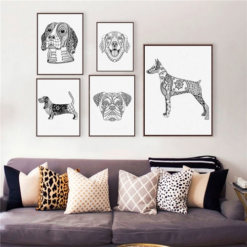 5 Styles Hand Drawn Dog Canvas Art Print Poster ,