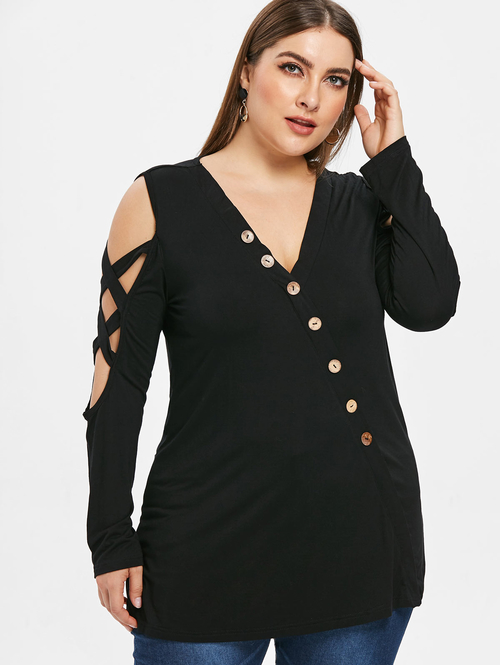  Women Plus Size Open Shoulder Buttons Criss