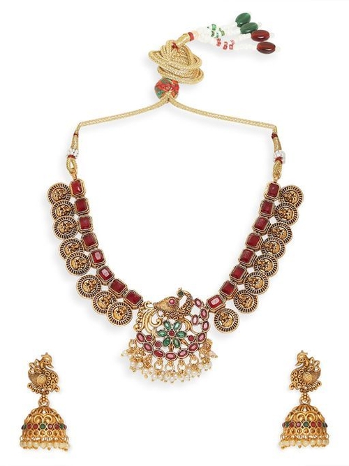Antique Gold Tone Red & Green Stones Necklace Set with Jhumka Earrings