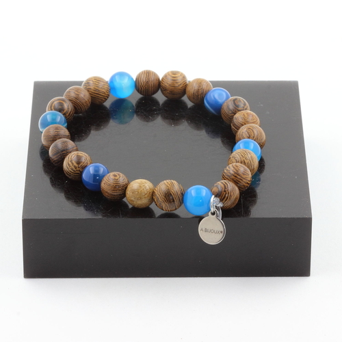 Blue banded  Agate + wood Bracelet 8 mm Beads.