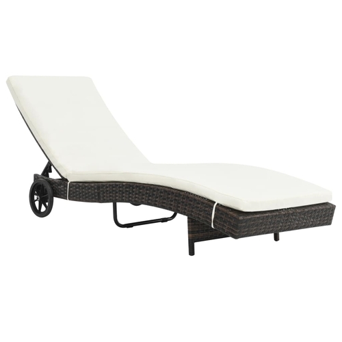 Sun Lounger with Wheels and Cushion Poly Rattan Brown