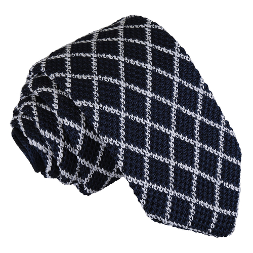 Diamond Grid Knitted Slim Tie - White & Navy