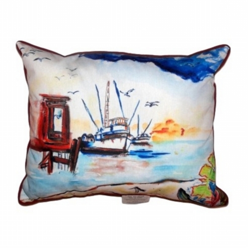 Betsy Drake HJ488 Dock & Shrimp Boat Large Indoor & Outdoor Pillow - 1