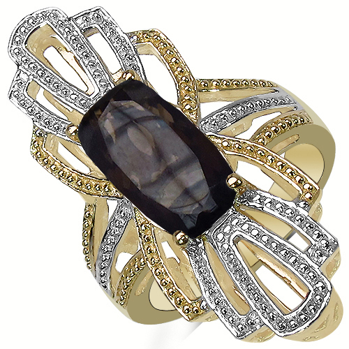 14K Yellow Gold Plated 3.73 Carat Genuine Smoky Quartz & White Diamond