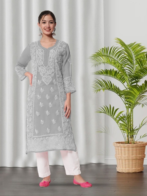 Chikankari Kota Cotton straight Kurta with Matching Slip (Size-L)