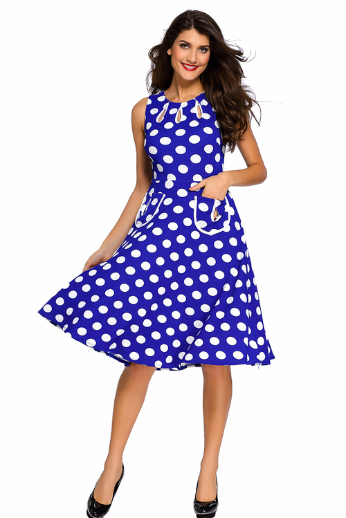 Blue Polka Dot Bohemain Print Dress with Keyholes