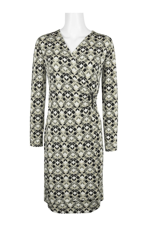 London Times V-Neck Long Sleeve Gathered Side Zipper Back Multi Print