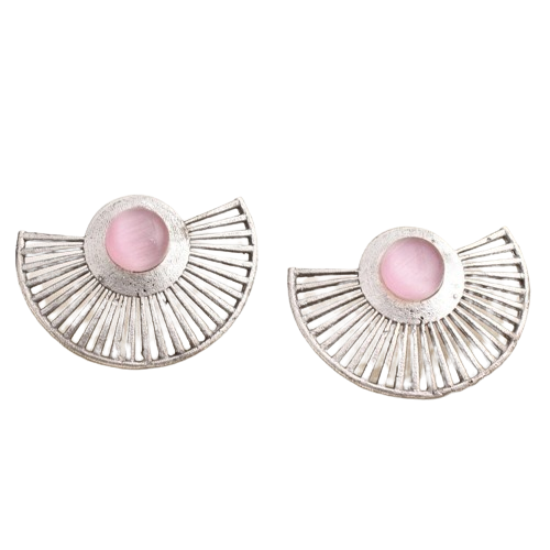 Silver-Plated Stone-Studded & Beaded Contemporary Studs Earrings