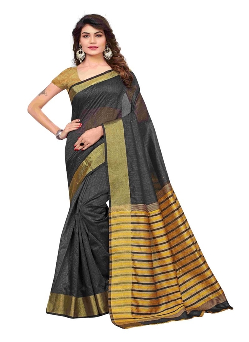 Generic Women's Cotton Silk Saree (Black, 5-6