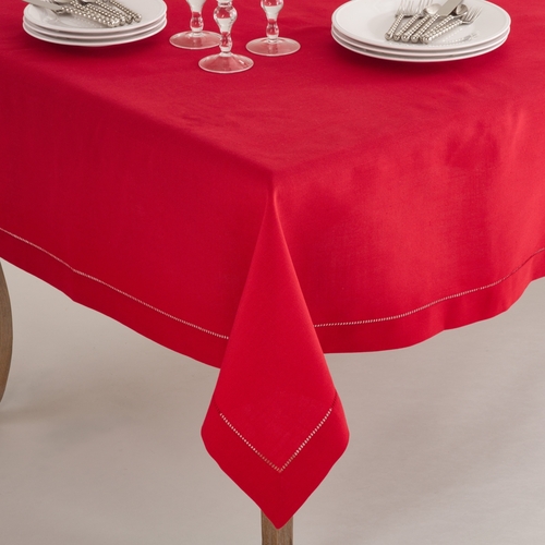 SARO 6301.R72S 72 in. Square Classic Hemstitch Border Tablecloth  Red