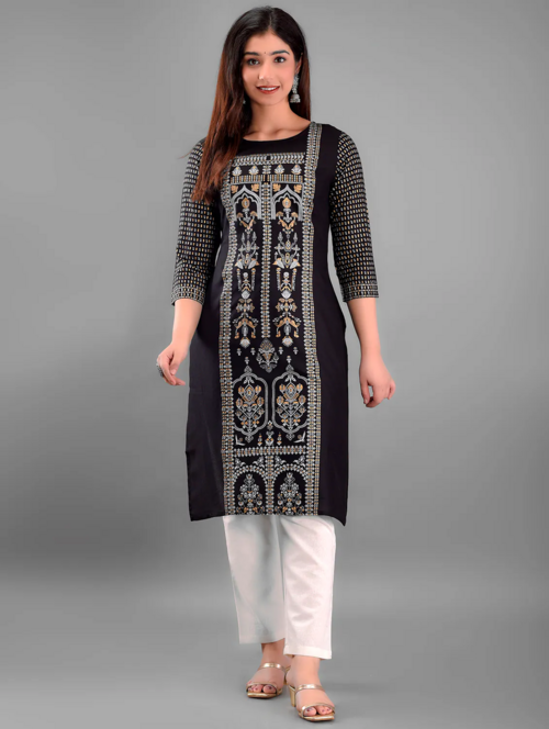 Women's Pattern printed long straight kurta (Size-M) (Color-BLACK)