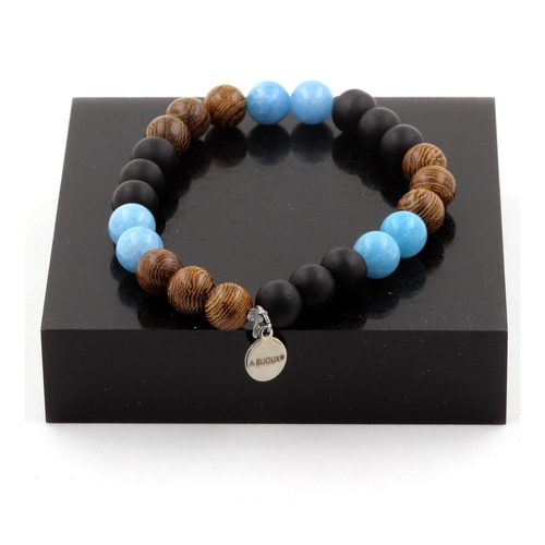 Blue Chalcedony + Matte Black Onyx + Wood Bracelet 8 mm Beads.