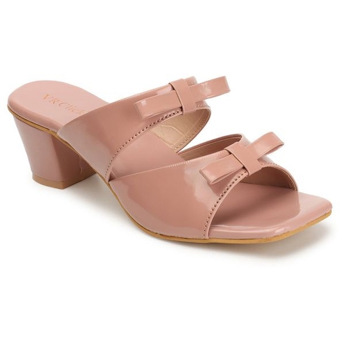 Slip-On Chunky Heeled Sandals with Bow Accent (Size-40) (Color-PINK)