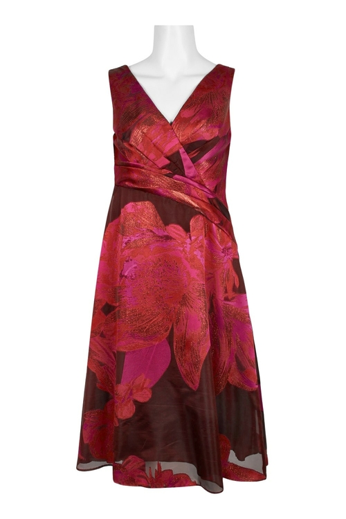 Adrianna Papell V-Neck Sleeveless Pleated Zipper Back Organza Jacquard