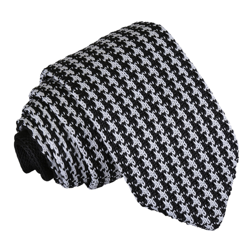 Houndstooth Knitted Slim Tie - White & Black