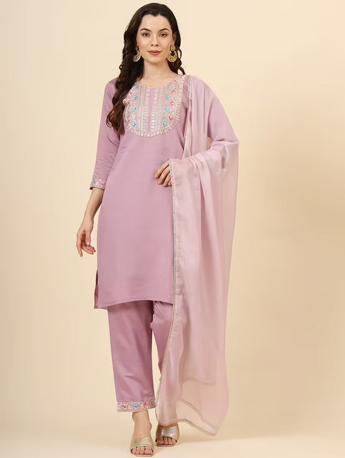 Women Round Neck Kurta Pant Set With Dupatta (Size-M) (Color-Light