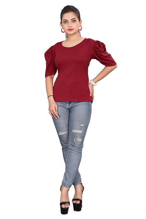 Women's Lycra Blend Crop Top T-Shirt (Size-M) (Color-MAROON)