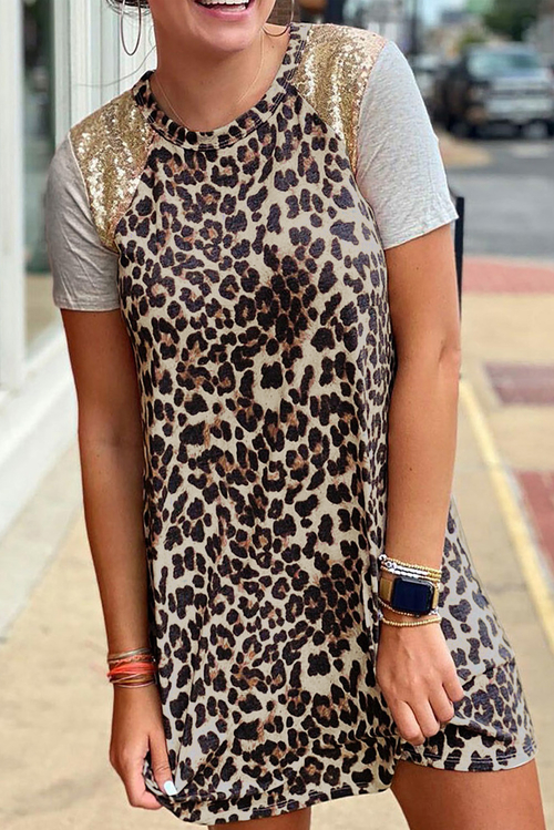 Leopard Sequined Splicing Mini Dress