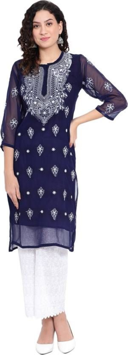 Women Chikanari 3/4th Sleeve  Embroidery Georgette Straight Kurta 