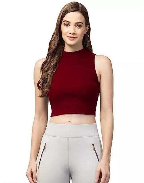 Women's & Girls' Solid Ribbed Slim Fit Crop Tank Top  Maroon