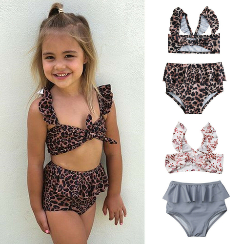 Kids Girl High Waist Leopard Floral Swimming