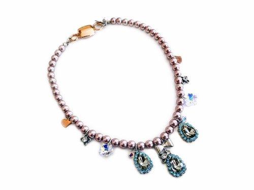 Beaded necklace with light blue rhinestones, silver plated brass and