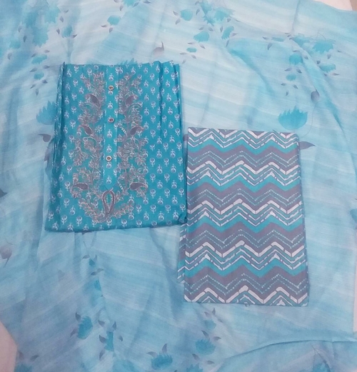 Unstitched Cotton Salwar Suit Material Embroidered Color Light Blue