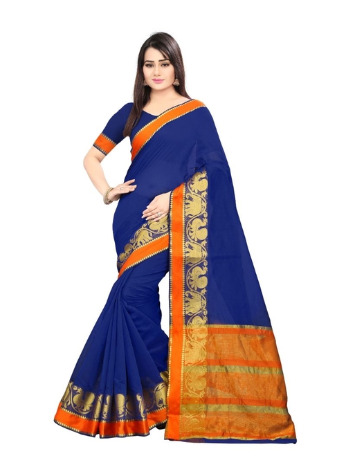 Generic Women's Cotton Silk Saree(Blue, 5.5-6 Mtr)