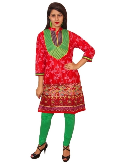 Red Cotton Straight Embroidery Kurti