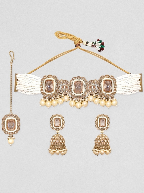 Gold Plated toned Reverse AD & Pearl Beaded Jewellery Set