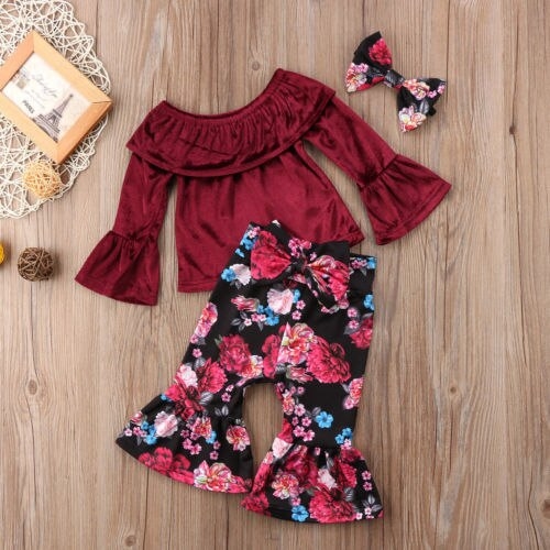 Newborn Kid Baby Girl Floral 3pcs Clothes Tops T