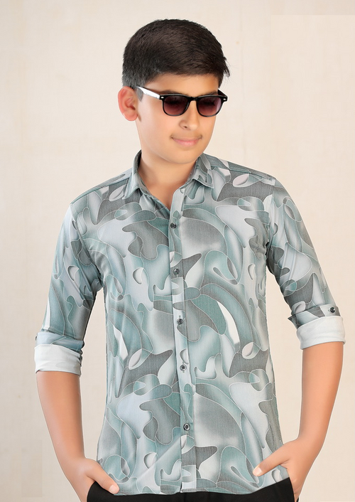 Boys Printed Cotton Casual Shirt (Color Sea Green) (Size 7 - 8 Years)
