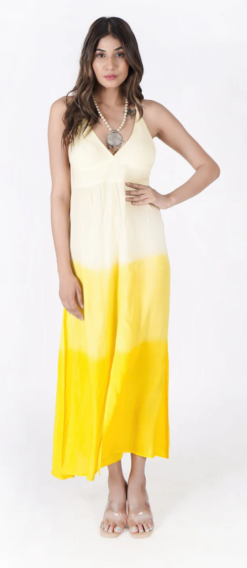 Women's Hand Tie & Dye Yellow Ombre Halter Maxi Dress (Color Ivory &
