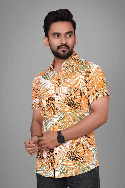 Men Regular Fit Printed Spread Collar Casual Shirt Mustard (Size XL)