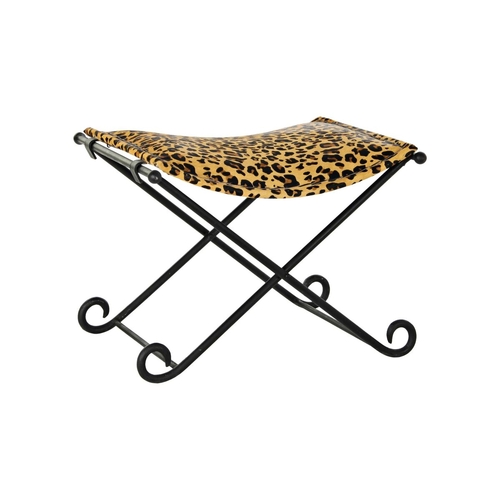 Footrest DKD Home Decor Black Metal Brown Leather Leopard (55 x 45 x