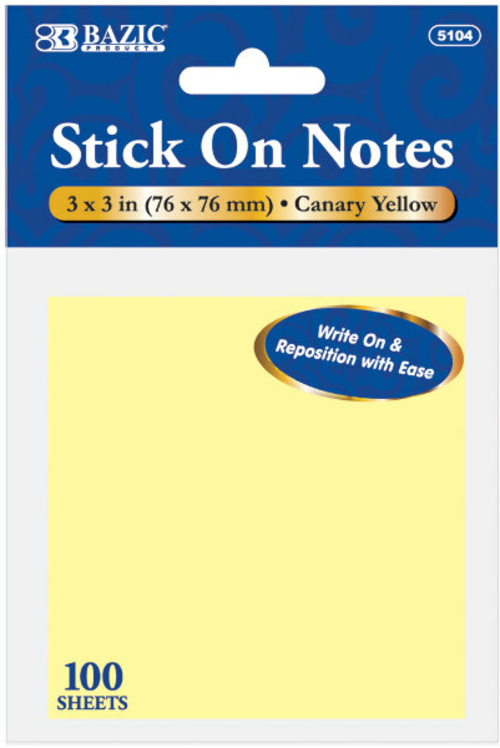 BAZIC 3" X 3" Yellow Stick On Notes - 100 Count