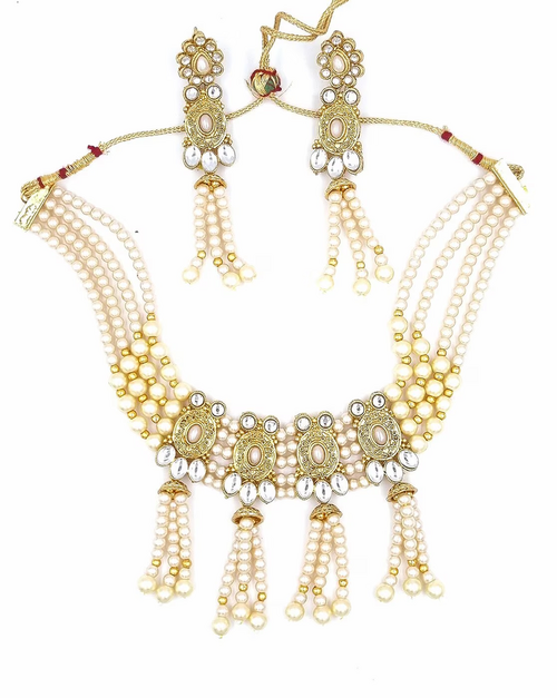 Gold-Plated Stone-Studded Necklace & Earrings Set Down Earring