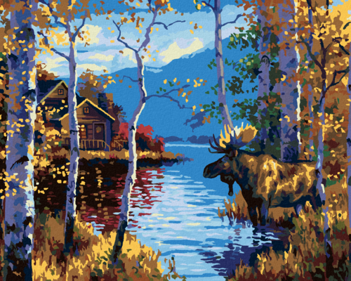 Paint by Numbers - MOOSE AMONG BIRCH TREES AND A LAKE (ABRAHAM HUNTER)