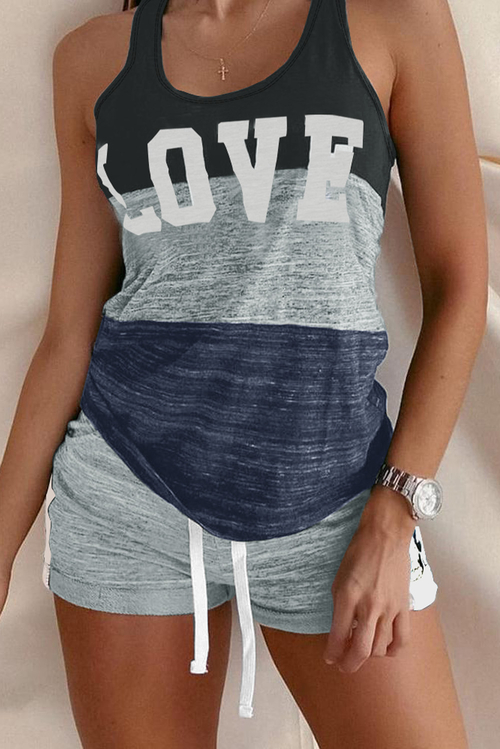 Letter Print Tank & Drawstring Waist Shorts Set