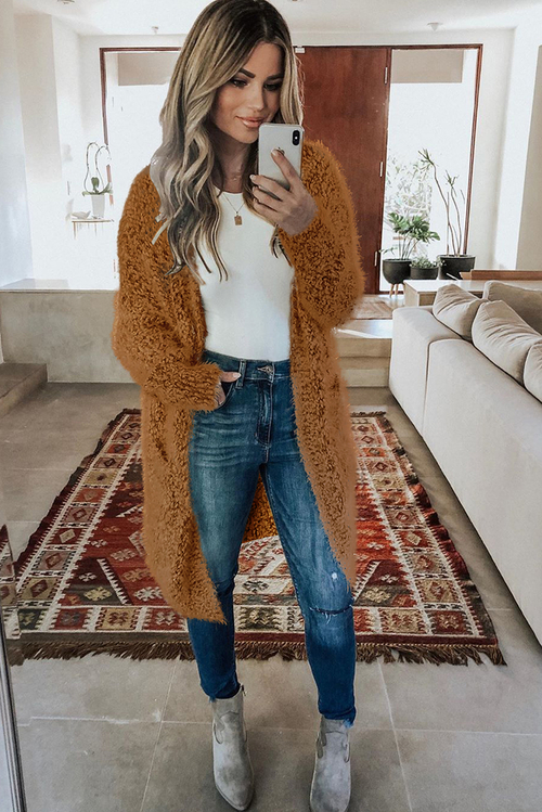 Brown Fuzzy Knit Cardigan with Pockets