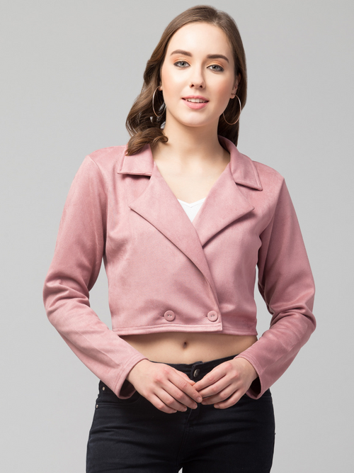 Women Solid Double-Breasted Casual Suede Blazer (Color Pink) (Size S)