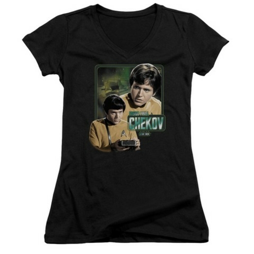 Trevco Star Trek-Ensign Chekov - Junior V-Neck Tee - Black- Extra Larg