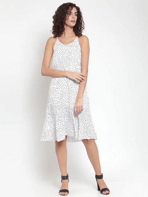 Cami Neck Polka Dot A-Line Dress (Size-S) (Color-WHITE)