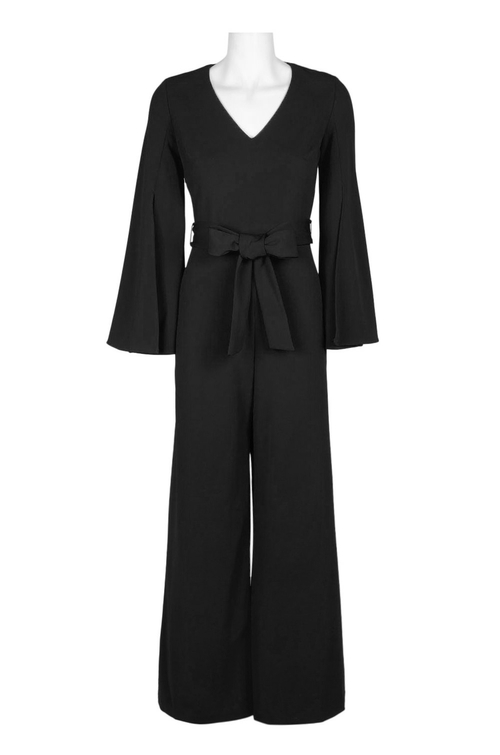 Taylor V-Neck Slit Long Sleeve Tie Waist Zipper Back Solid Jersey
