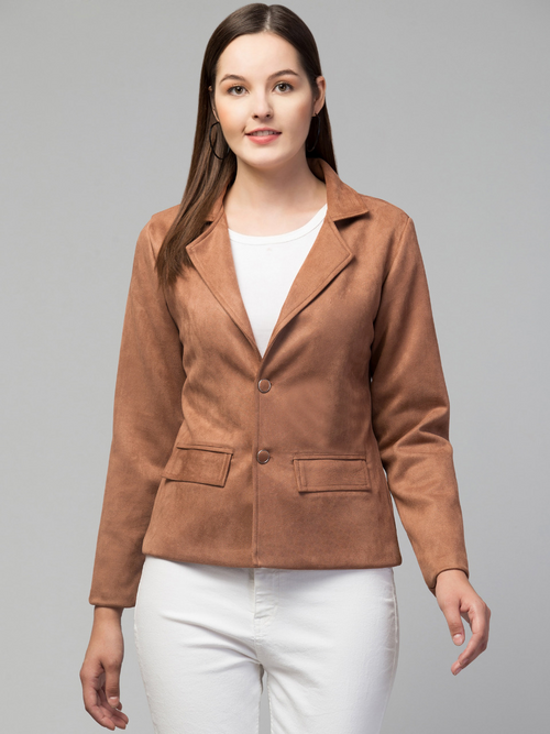 Women Classic Essential Linen Lapel Suede Jacket (Color Brown) (Size